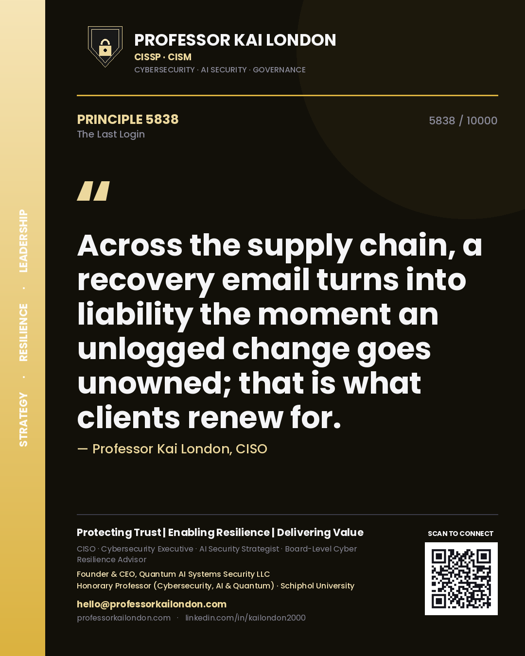 Quote card by Professor Kai London reading 'Across the supply chain, a recovery email turns into liability the moment an unlogged change goes unowned; that is what clients renew for.'. From the book The Last Login.