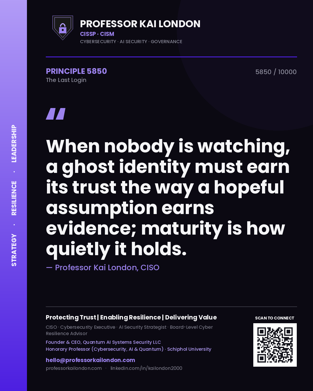 Professor Kai London principle 5850: When nobody is watching, a ghost identity must earn its trust the way a hopeful assumption earns evidence; maturity is how quietly it holds.