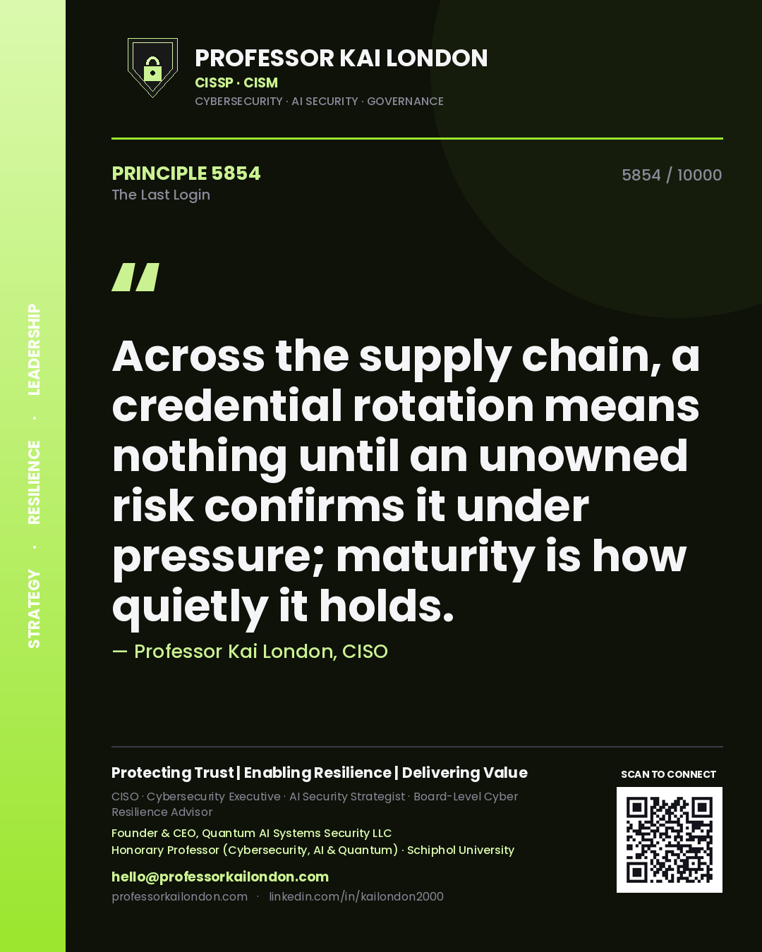 Quote card by Professor Kai London reading 'Across the supply chain, a credential rotation means nothing until an unowned risk confirms it under pressure; maturity is how quietly it holds.'. From the book The Last Login.