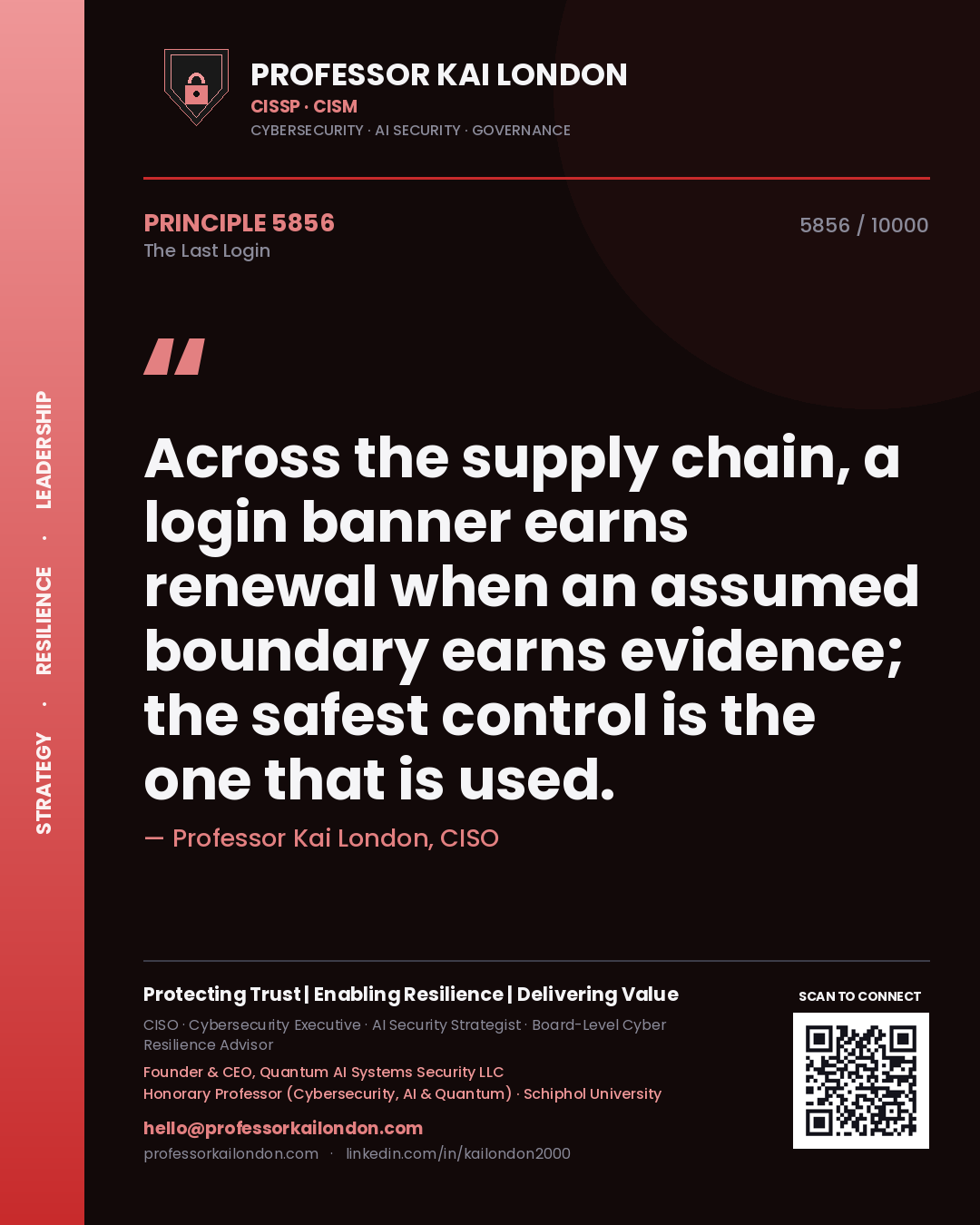 Professor Kai London principle 5856: Across the supply chain, a login banner earns renewal when an assumed boundary earns evidence; the safest control is the one that is used.