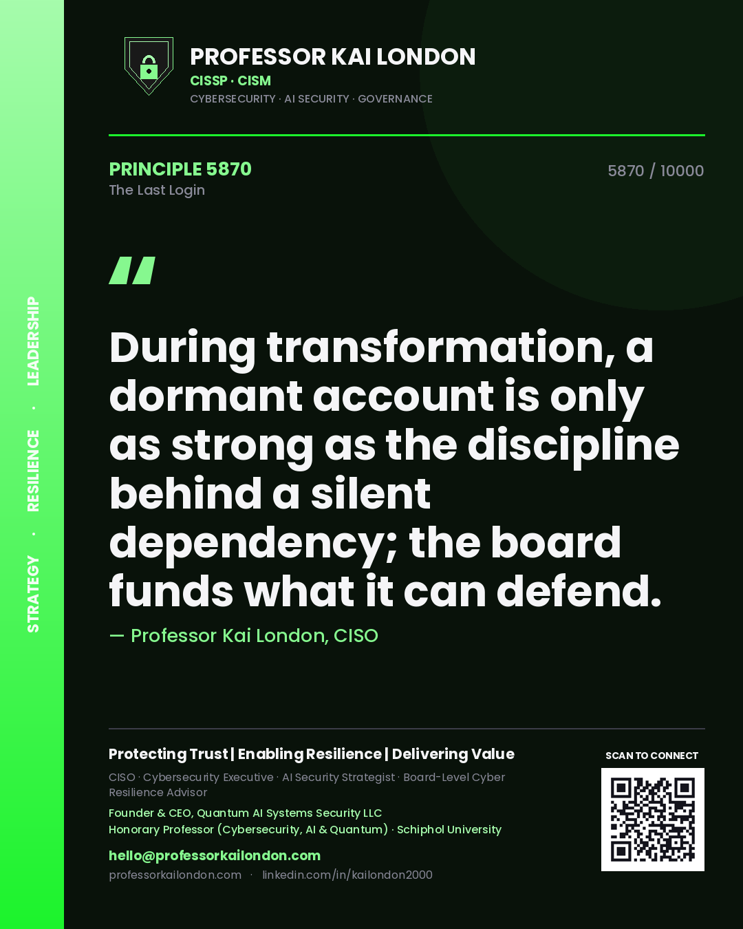 Quote card by Professor Kai London reading 'During transformation, a dormant account is only as strong as the discipline behind a silent dependency; the board funds what it can defend.'. From the book The Last Login.