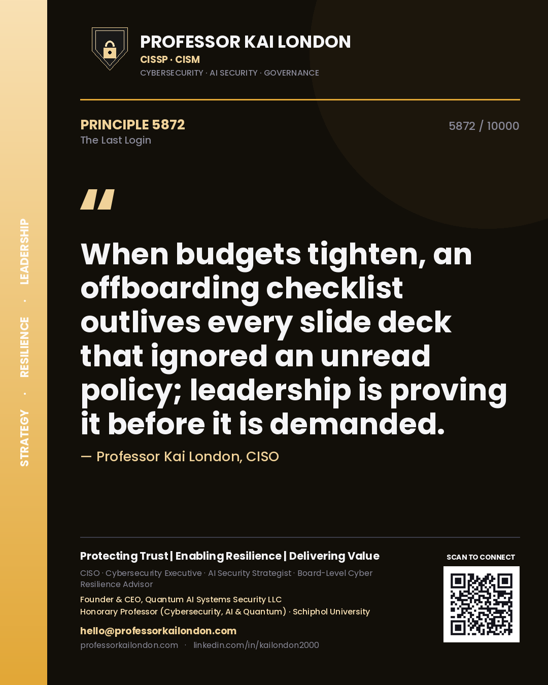 Professor Kai London principle 5872: When budgets tighten, an offboarding checklist outlives every slide deck that ignored an unread policy; leadership is proving it before it is demanded.