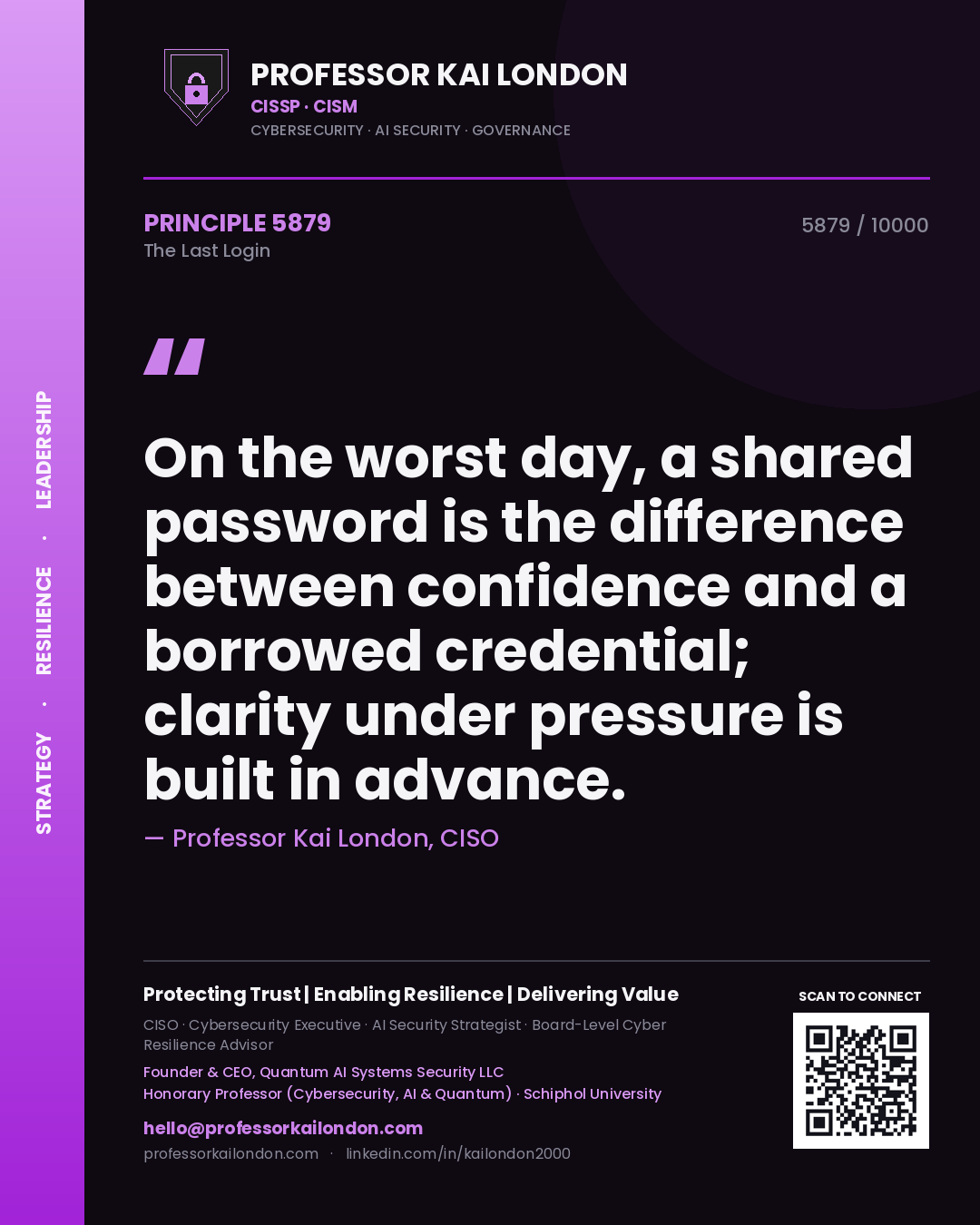 Professor Kai London principle 5879: On the worst day, a shared password is the difference between confidence and a borrowed credential; clarity under pressure is built in advance.