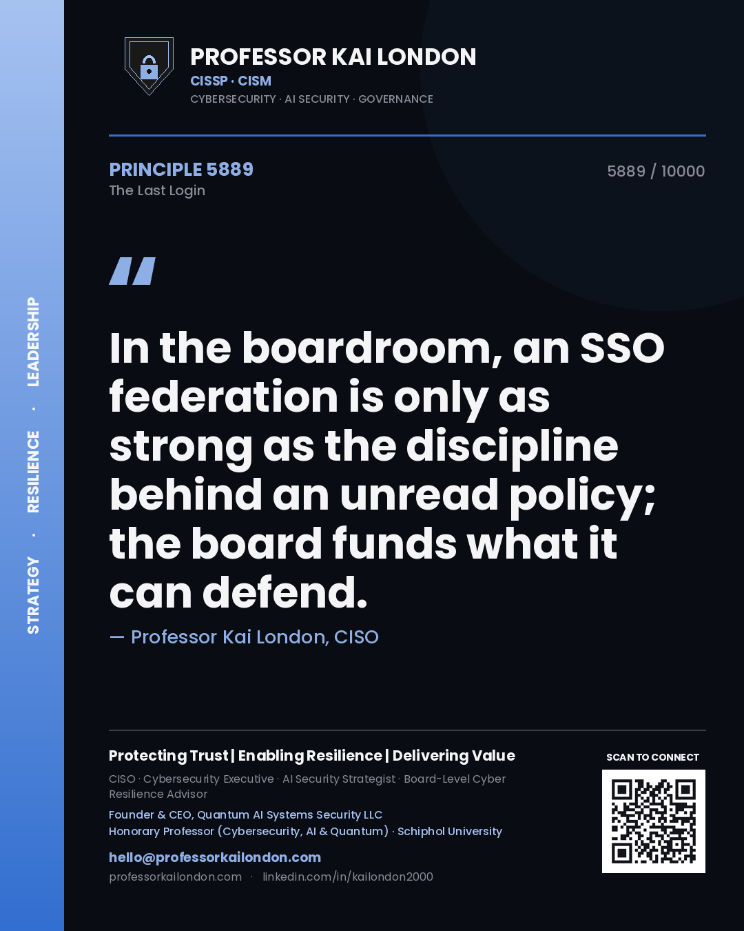 Professor Kai London principle 5889: In the boardroom, an SSO federation is only as strong as the discipline behind an unread policy; the board funds what it can defend.