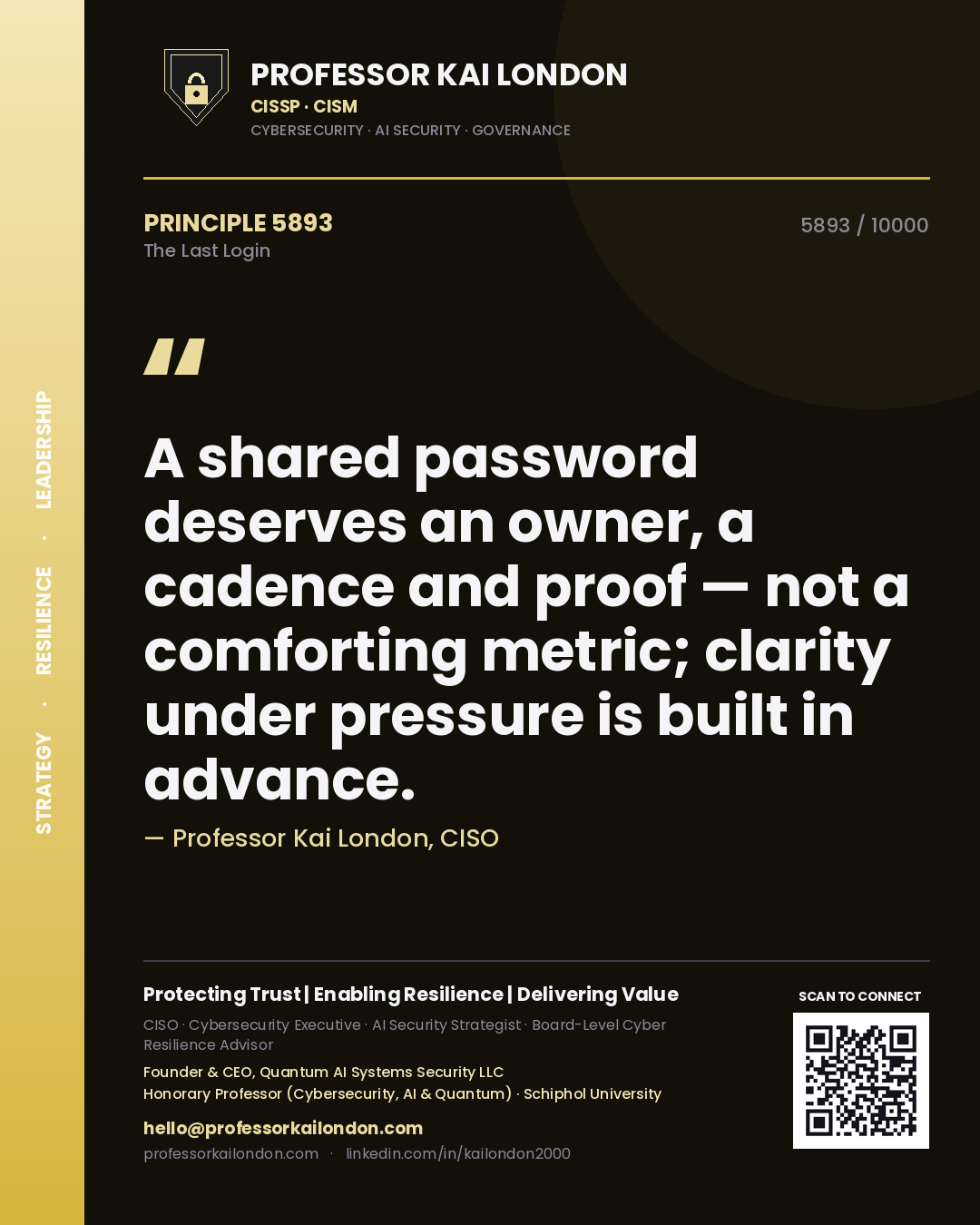 Professor Kai London principle 5893: A shared password deserves an owner, a cadence and proof — not a comforting metric; clarity under pressure is built in advance.
