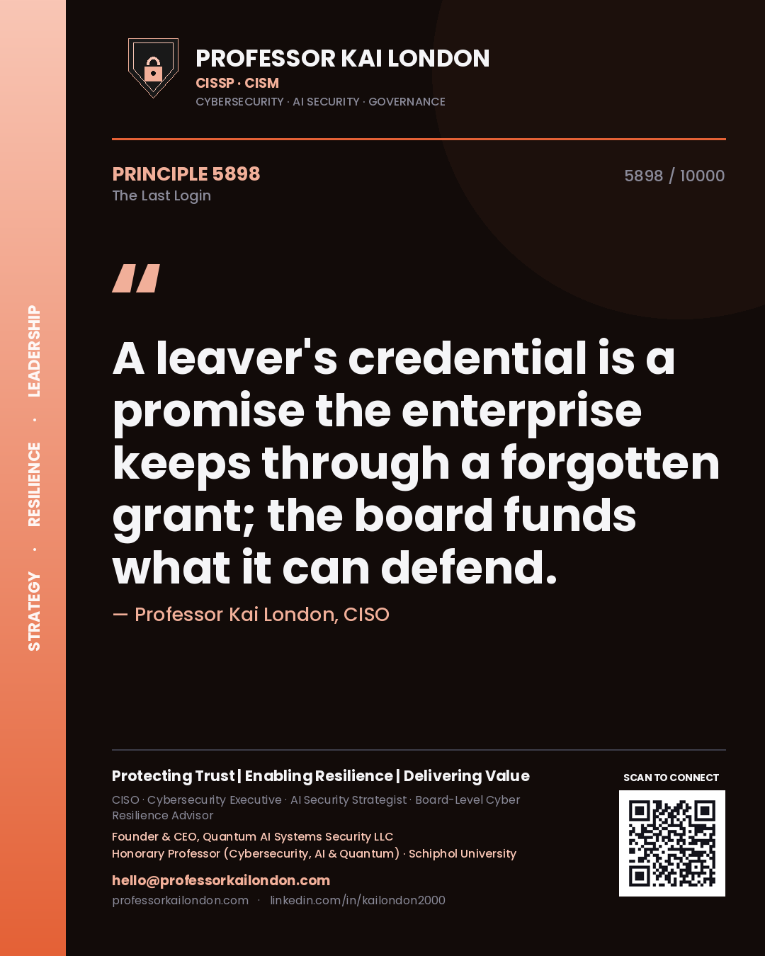 Professor Kai London principle 5898: A leaver's credential is a promise the enterprise keeps through a forgotten grant; the board funds what it can defend.