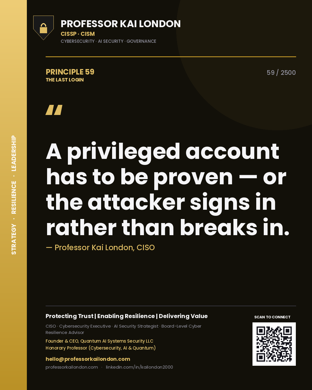 Quote card by Professor Kai London reading 'A privileged account has to be proven — or the attacker signs in rather than breaks in.'. From the book The Last Login.