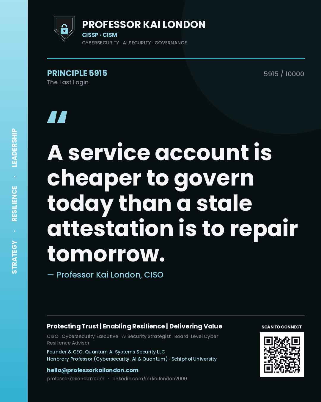 Professor Kai London principle 5915: A service account is cheaper to govern today than a stale attestation is to repair tomorrow.