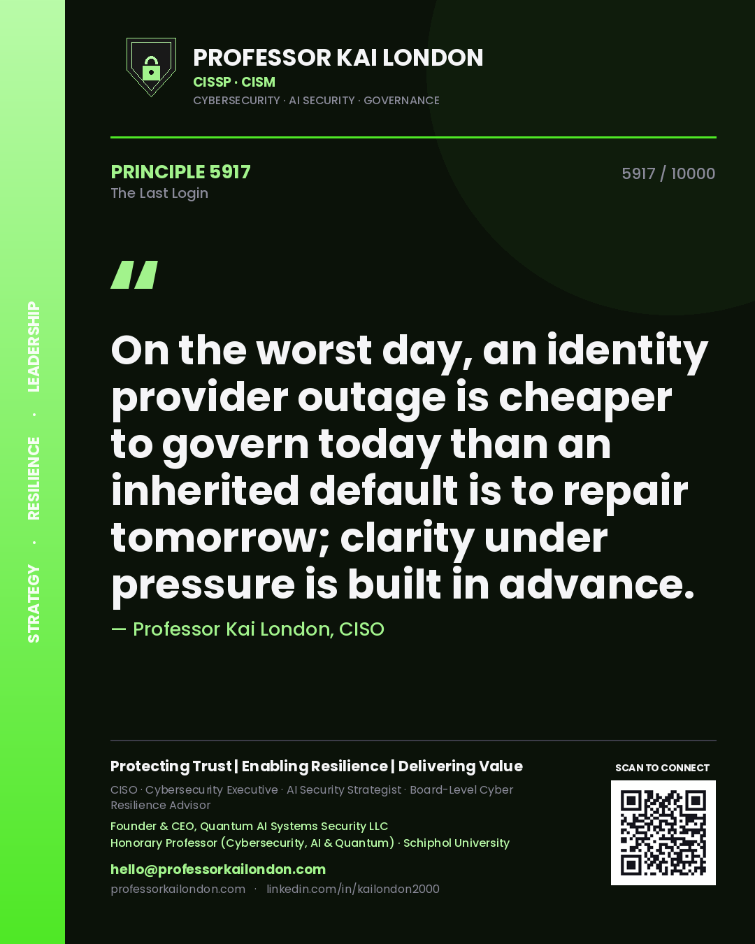 Professor Kai London principle 5917: On the worst day, an identity provider outage is cheaper to govern today than an inherited default is to repair tomorrow; clarity under pressure is built in advance.