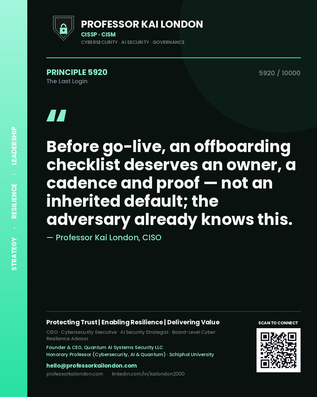 Quote card by Professor Kai London reading 'Before go-live, an offboarding checklist deserves an owner, a cadence and proof — not an inherited default; the adversary already knows this.'. From the book The Last Login.