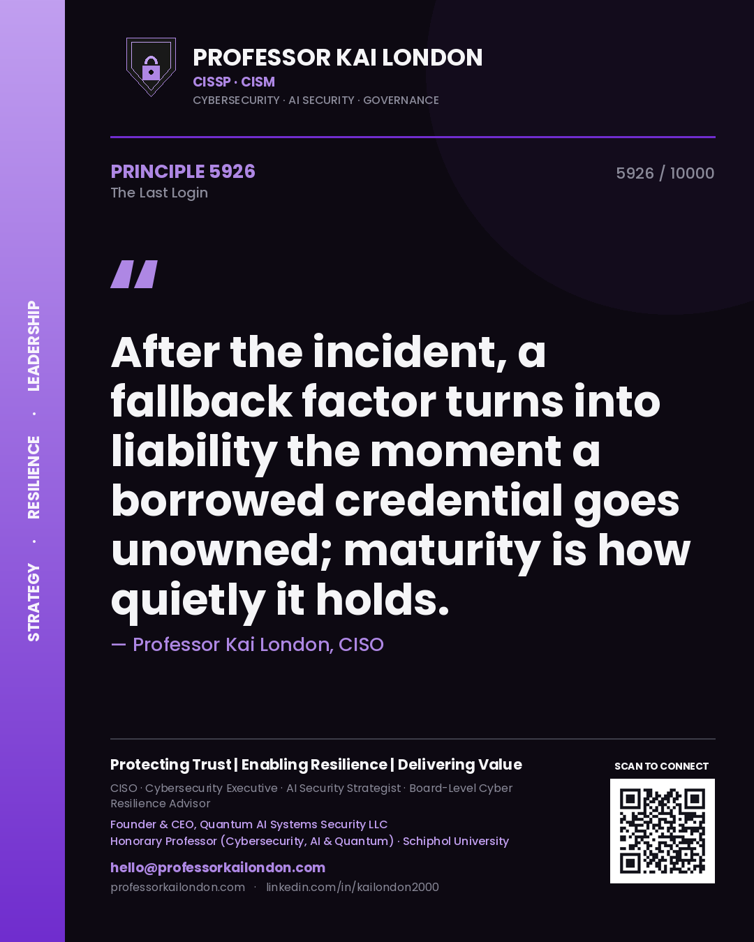 Professor Kai London principle 5926: After the incident, a fallback factor turns into liability the moment a borrowed credential goes unowned; maturity is how quietly it holds.