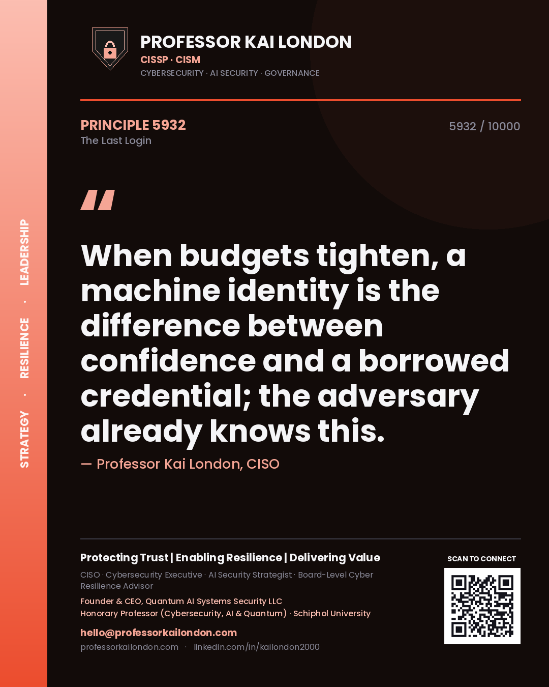 Professor Kai London principle 5932: When budgets tighten, a machine identity is the difference between confidence and a borrowed credential; the adversary already knows this.