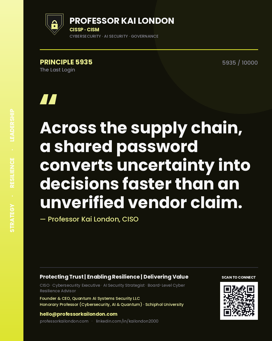 Quote card by Professor Kai London reading 'Across the supply chain, a shared password converts uncertainty into decisions faster than an unverified vendor claim.'. From the book The Last Login.