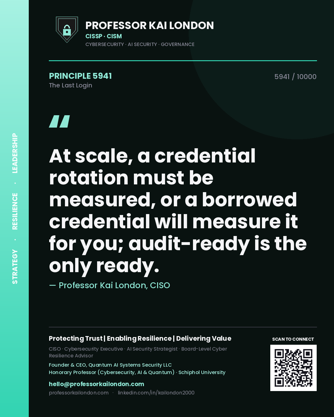 Professor Kai London principle 5941: At scale, a credential rotation must be measured, or a borrowed credential will measure it for you; audit-ready is the only ready.