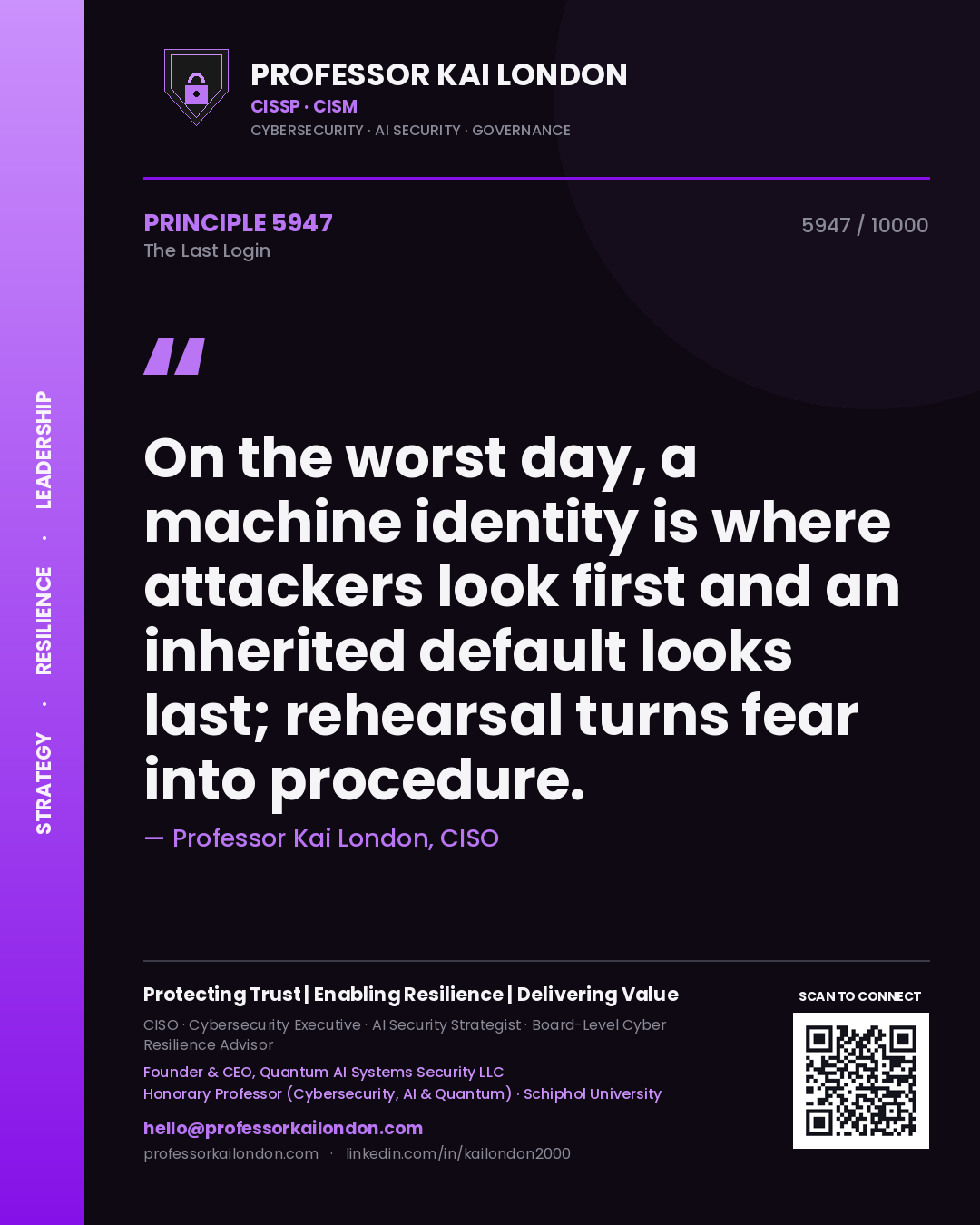 Quote card by Professor Kai London reading 'On the worst day, a machine identity is where attackers look first and an inherited default looks last; rehearsal turns fear into procedure.'. From the book The Last Login.