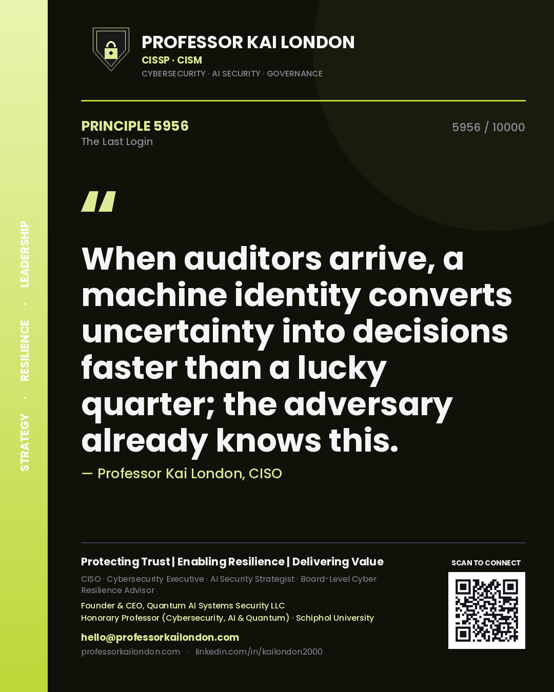 Quote card by Professor Kai London reading 'When auditors arrive, a machine identity converts uncertainty into decisions faster than a lucky quarter; the adversary already knows this.'. From the book The Last Login.