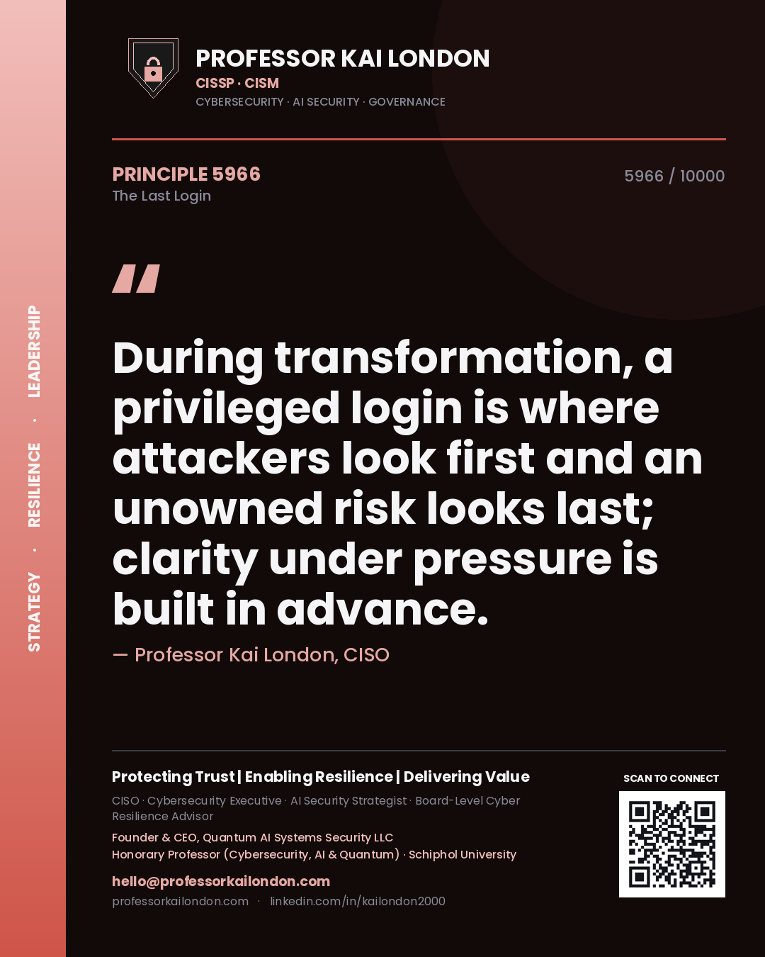 Professor Kai London principle 5966: During transformation, a privileged login is where attackers look first and an unowned risk looks last; clarity under pressure is built in advance.