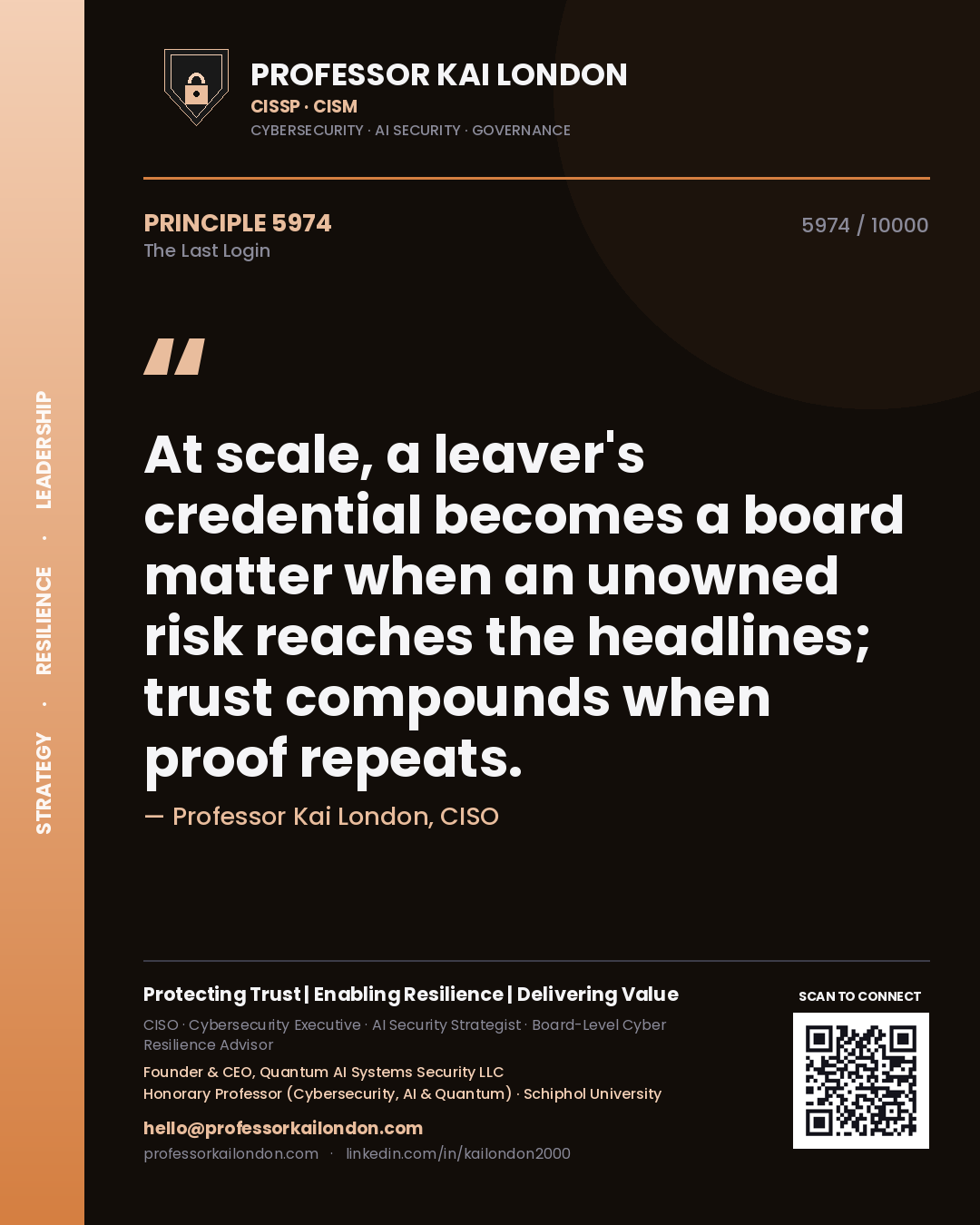 Quote card by Professor Kai London reading 'At scale, a leaver's credential becomes a board matter when an unowned risk reaches the headlines; trust compounds when proof repeats.'. From the book The Last Login.