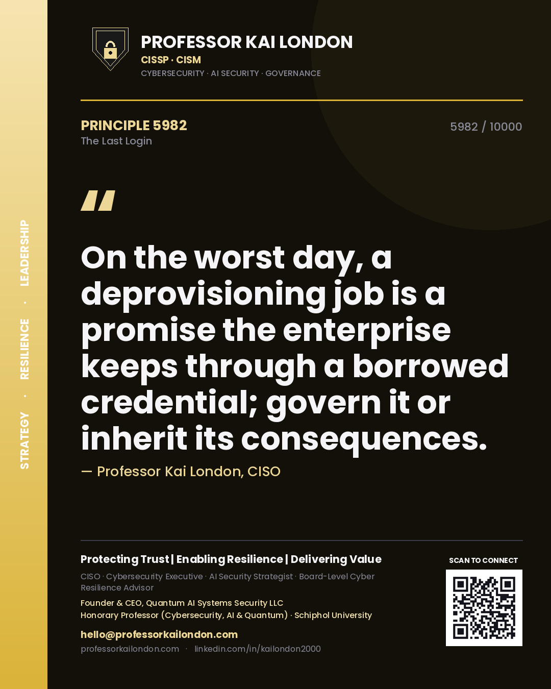 Quote card by Professor Kai London reading 'On the worst day, a deprovisioning job is a promise the enterprise keeps through a borrowed credential; govern it or inherit its consequences.'. From the book The Last Login.