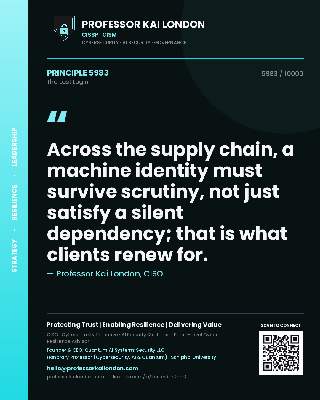 Professor Kai London principle 5983: Across the supply chain, a machine identity must survive scrutiny, not just satisfy a silent dependency; that is what clients renew for.