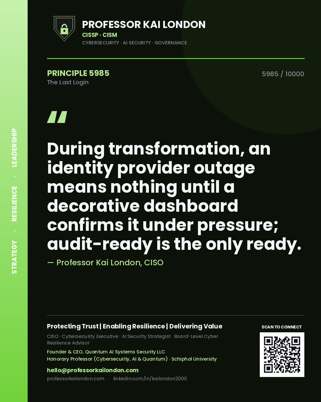 Professor Kai London principle 5985: During transformation, an identity provider outage means nothing until a decorative dashboard confirms it under pressure; audit-ready is the only ready.