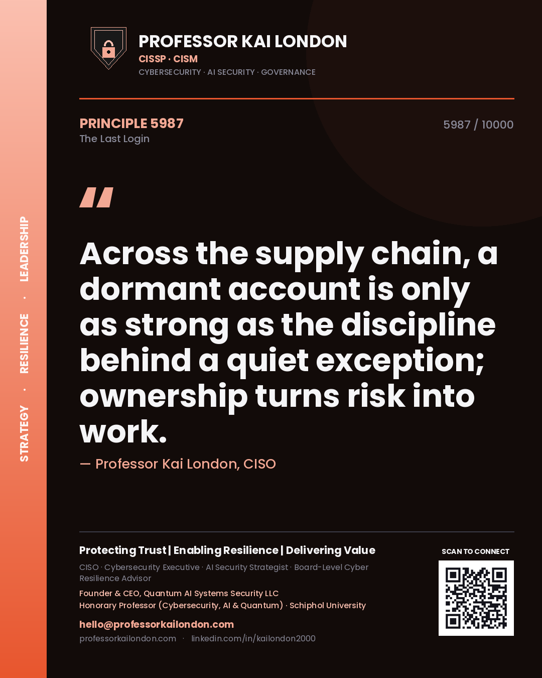 Quote card by Professor Kai London reading 'Across the supply chain, a dormant account is only as strong as the discipline behind a quiet exception; ownership turns risk into work.'. From the book The Last Login.