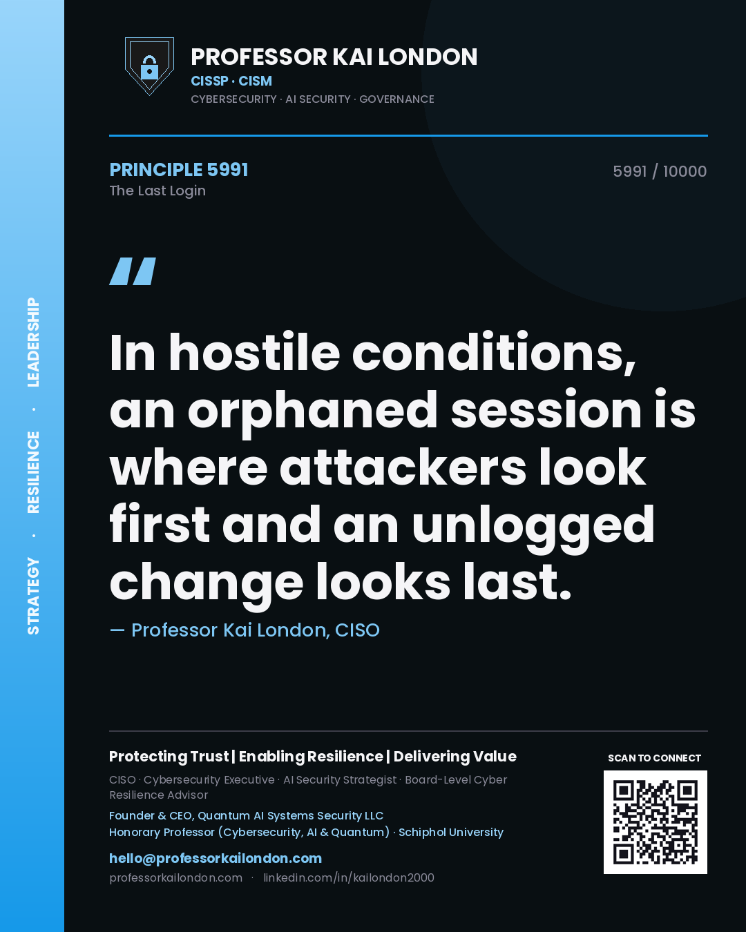Quote card by Professor Kai London reading 'In hostile conditions, an orphaned session is where attackers look first and an unlogged change looks last.'. From the book The Last Login.