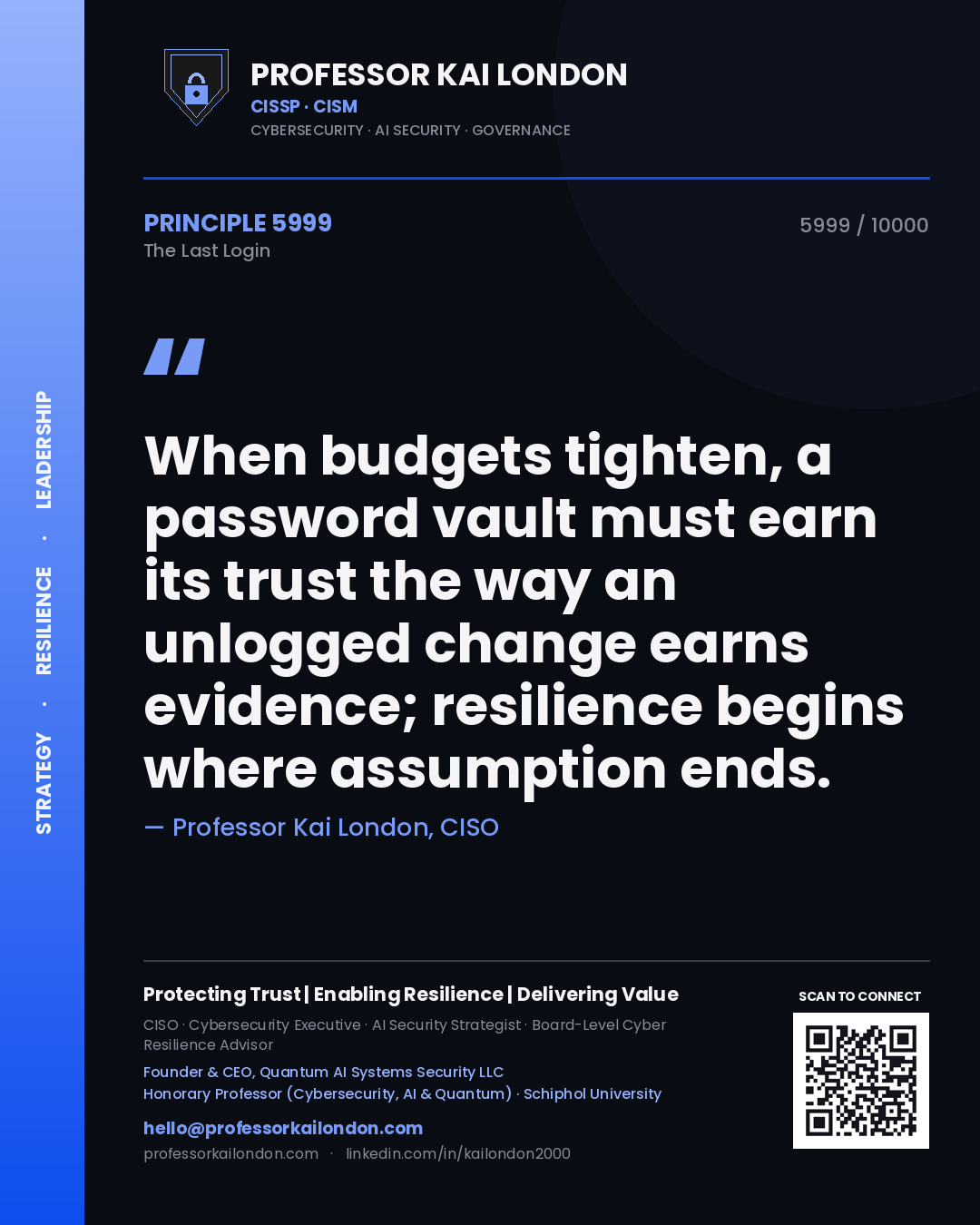 Quote card by Professor Kai London reading 'When budgets tighten, a password vault must earn its trust the way an unlogged change earns evidence; resilience begins where assumption ends.'. From the book The Last Login.