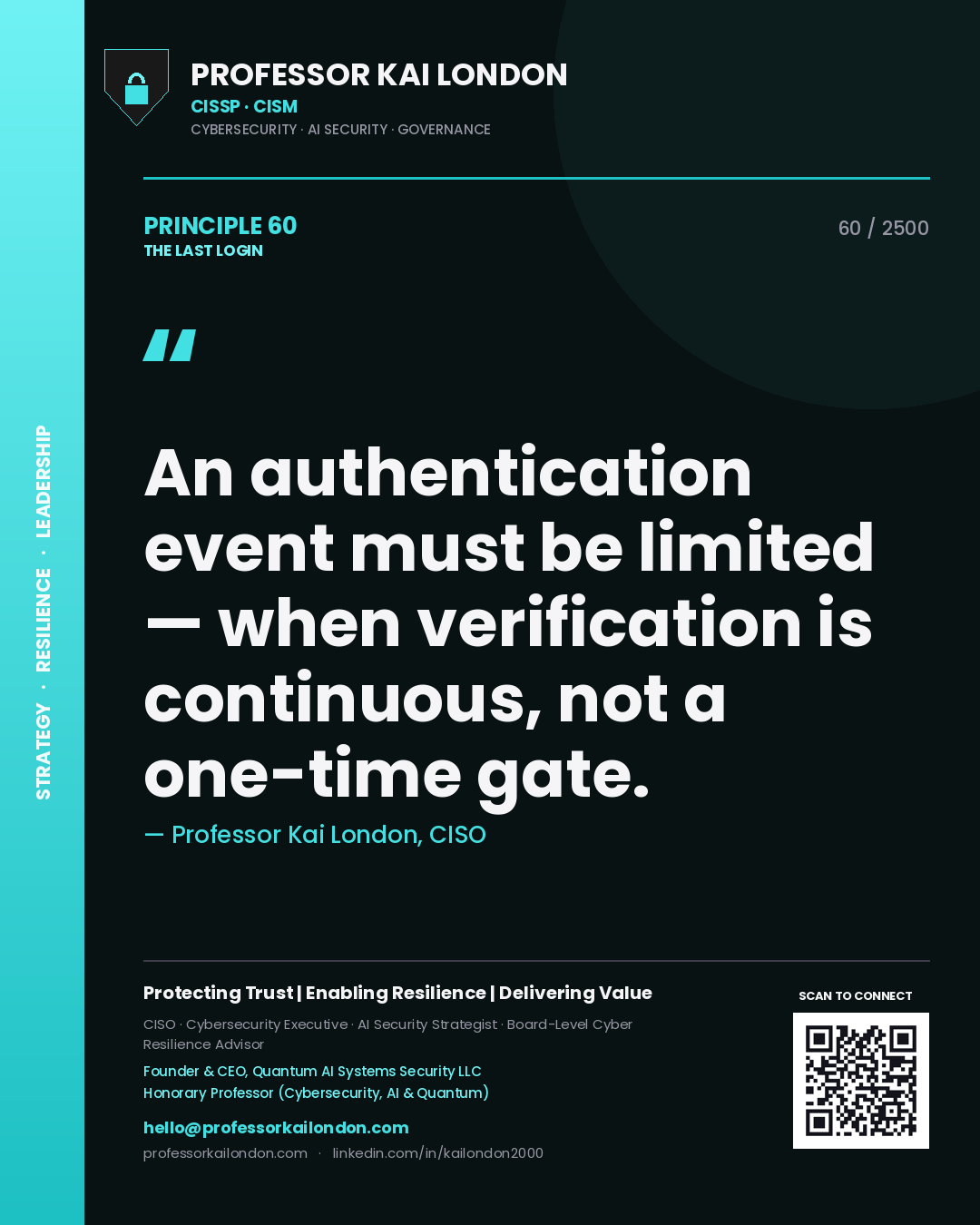 Quote card by Professor Kai London reading 'An authentication event must be limited — when verification is continuous, not a one-time gate.'. From the book The Last Login.