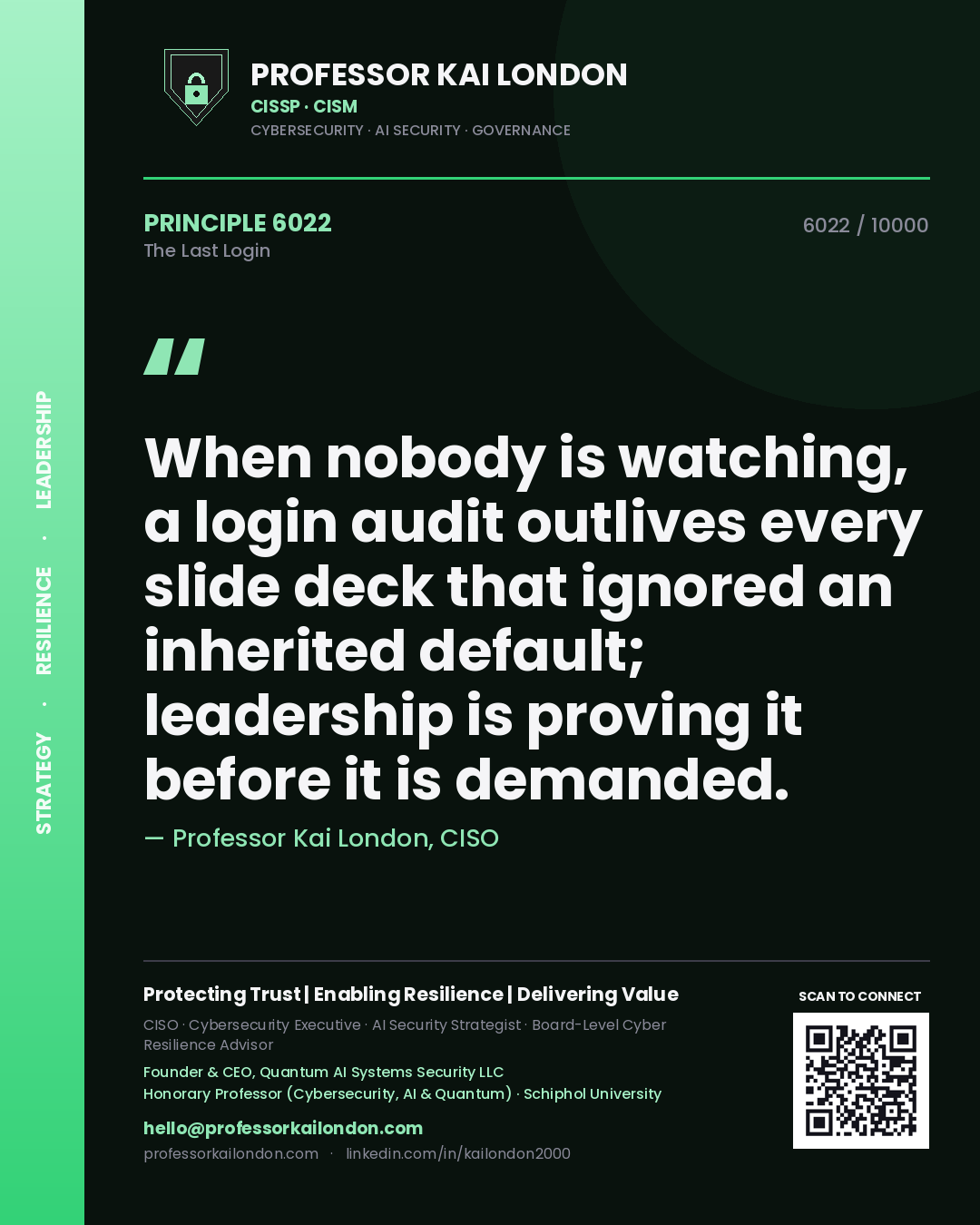 Professor Kai London principle 6022: When nobody is watching, a login audit outlives every slide deck that ignored an inherited default; leadership is proving it before it is demanded.