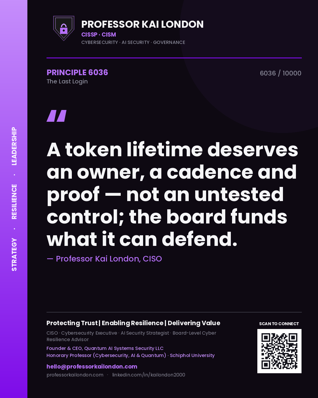 Professor Kai London principle 6036: A token lifetime deserves an owner, a cadence and proof — not an untested control; the board funds what it can defend.