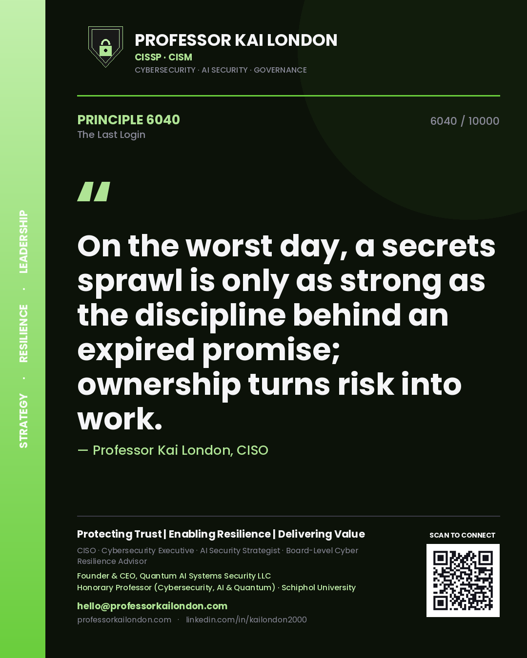 Professor Kai London principle 6040: On the worst day, a secrets sprawl is only as strong as the discipline behind an expired promise; ownership turns risk into work.