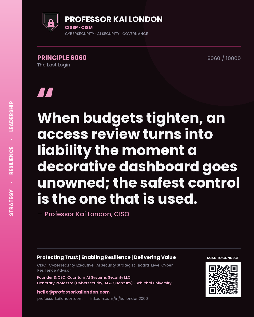 Professor Kai London principle 6060: When budgets tighten, an access review turns into liability the moment a decorative dashboard goes unowned; the safest control is the one that is used.