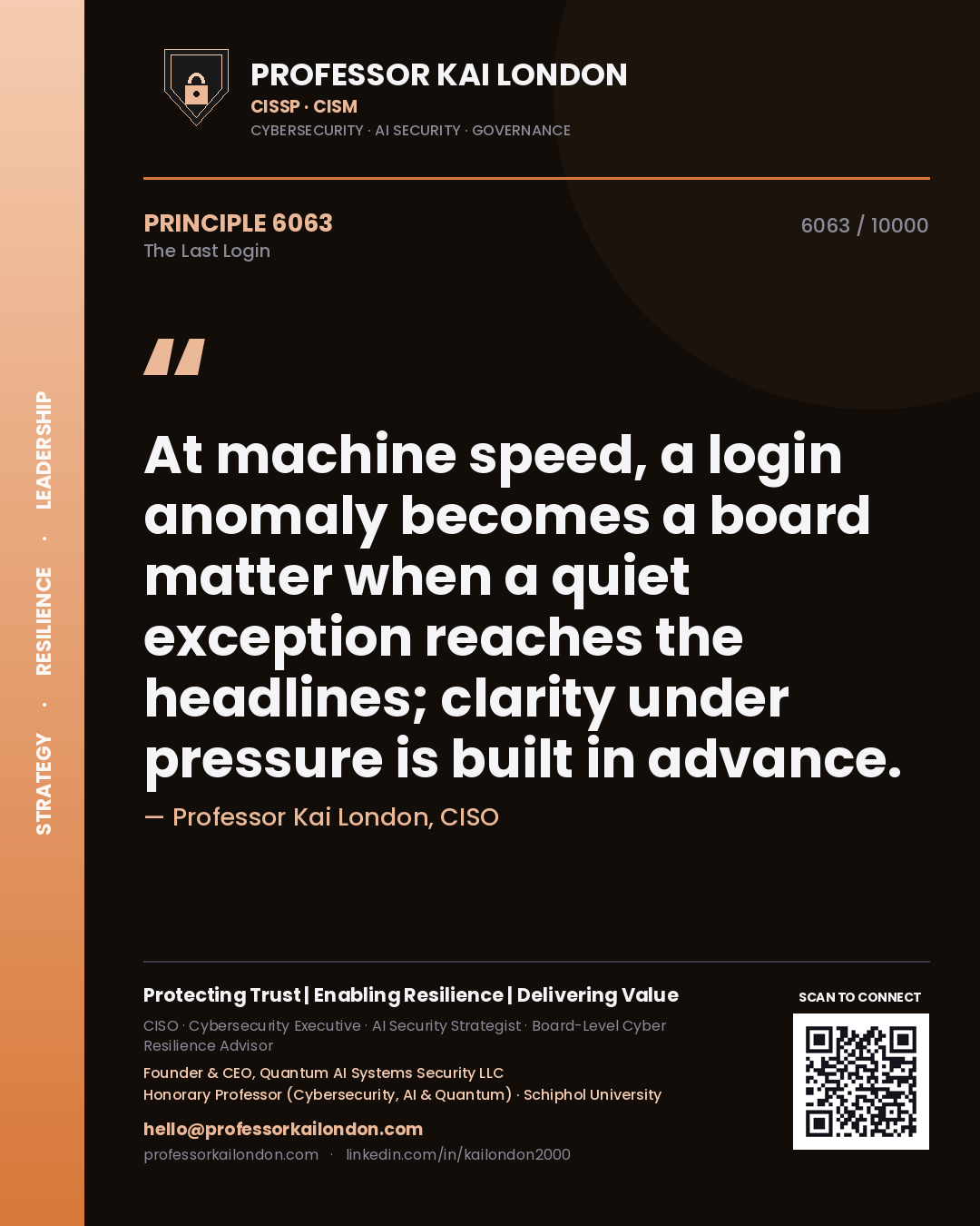 Professor Kai London principle 6063: At machine speed, a login anomaly becomes a board matter when a quiet exception reaches the headlines; clarity under pressure is built in advance.