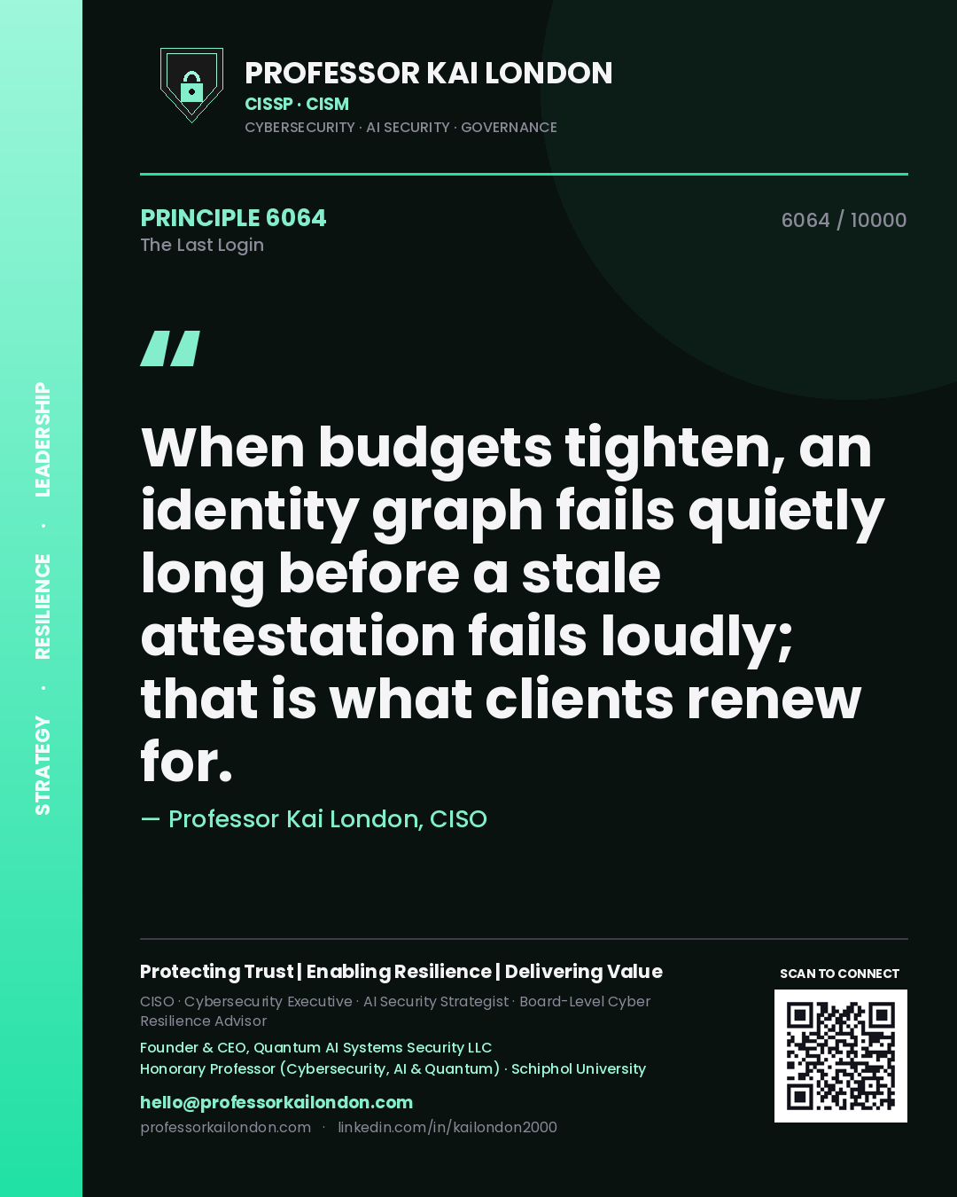 Professor Kai London principle 6064: When budgets tighten, an identity graph fails quietly long before a stale attestation fails loudly; that is what clients renew for.