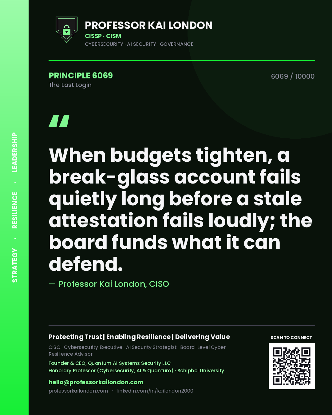 Professor Kai London principle 6069: When budgets tighten, a break-glass account fails quietly long before a stale attestation fails loudly; the board funds what it can defend.