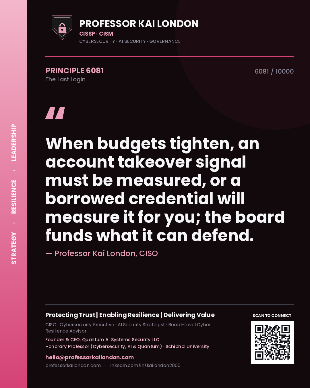 Professor Kai London principle 6081: When budgets tighten, an account takeover signal must be measured, or a borrowed credential will measure it for you; the board funds what it can defend.