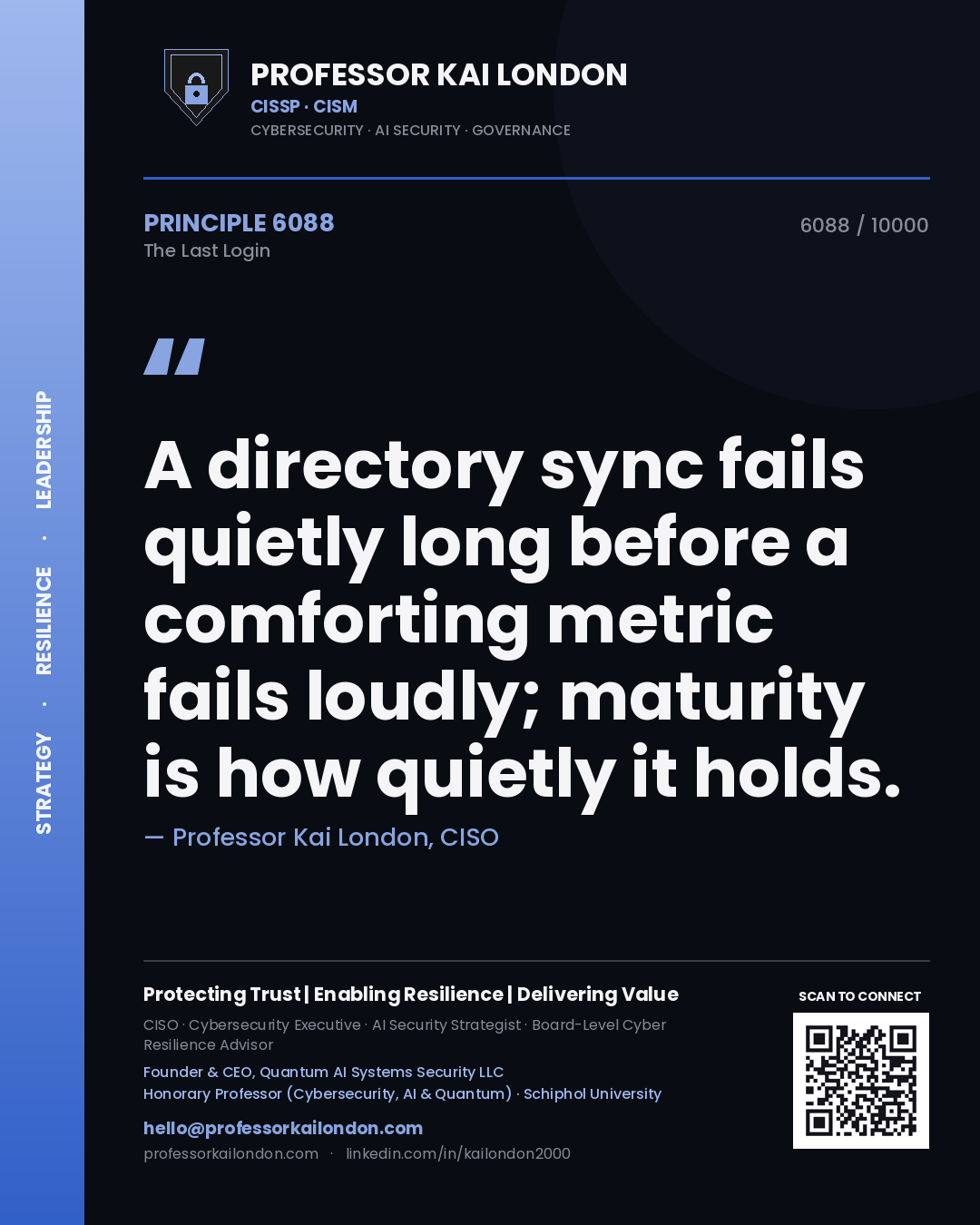 Quote card by Professor Kai London reading 'A directory sync fails quietly long before a comforting metric fails loudly; maturity is how quietly it holds.'. From the book The Last Login.