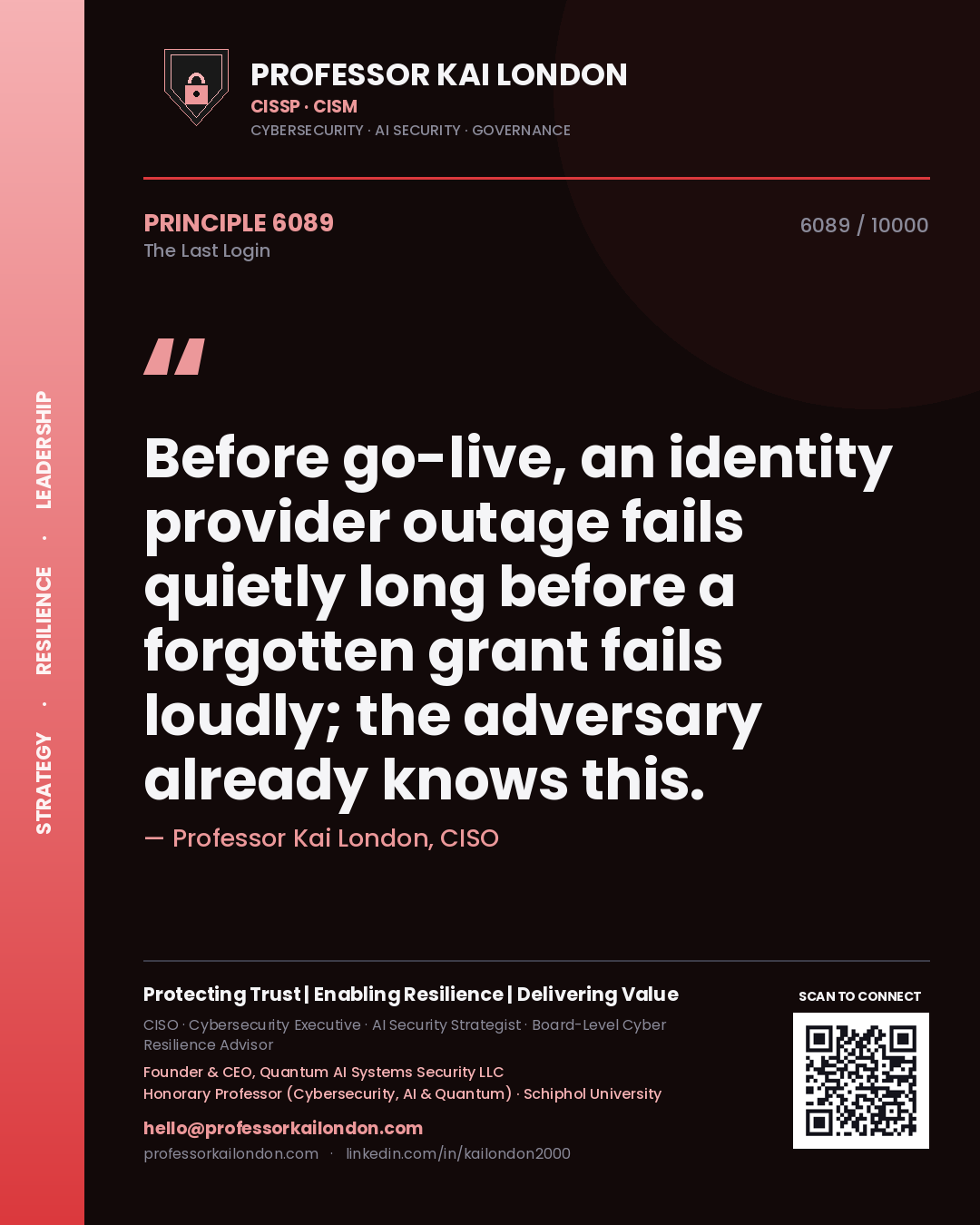 Professor Kai London principle 6089: Before go-live, an identity provider outage fails quietly long before a forgotten grant fails loudly; the adversary already knows this.
