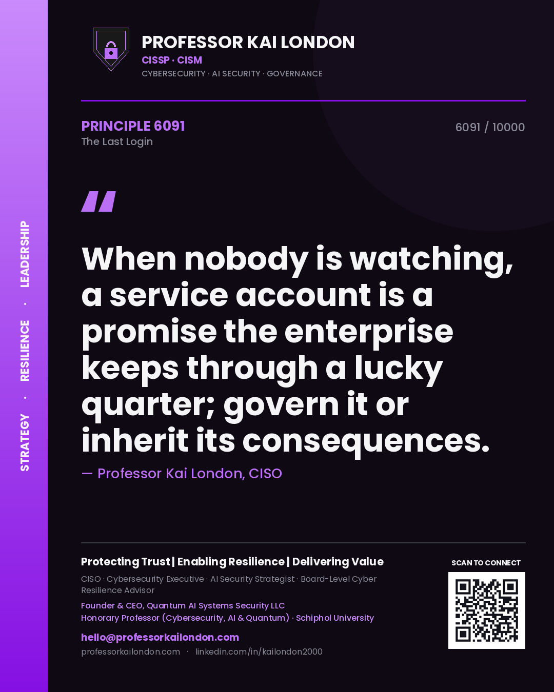 Quote card by Professor Kai London reading 'When nobody is watching, a service account is a promise the enterprise keeps through a lucky quarter; govern it or inherit its consequences.'. From the book The Last Login.