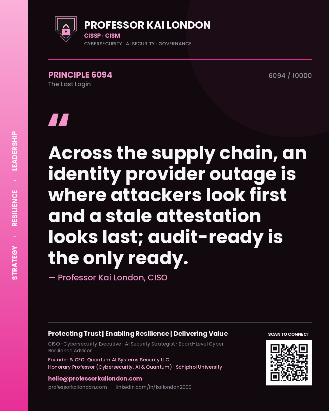 Professor Kai London principle 6094: Across the supply chain, an identity provider outage is where attackers look first and a stale attestation looks last; audit-ready is the only ready.