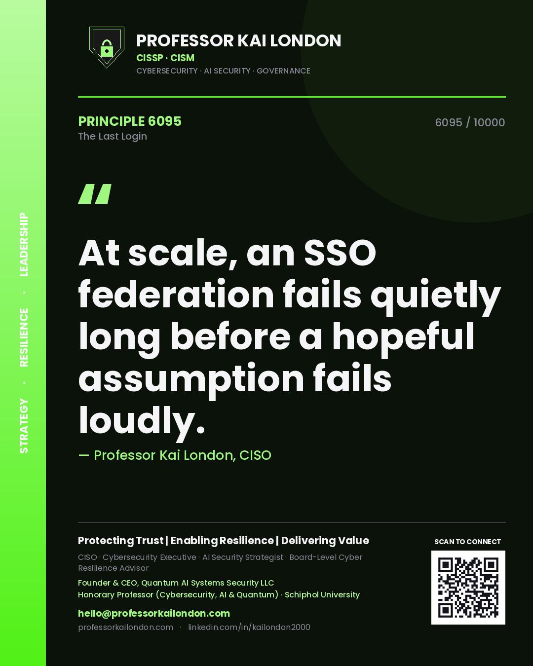 Quote card by Professor Kai London reading 'At scale, an SSO federation fails quietly long before a hopeful assumption fails loudly.'. From the book The Last Login.