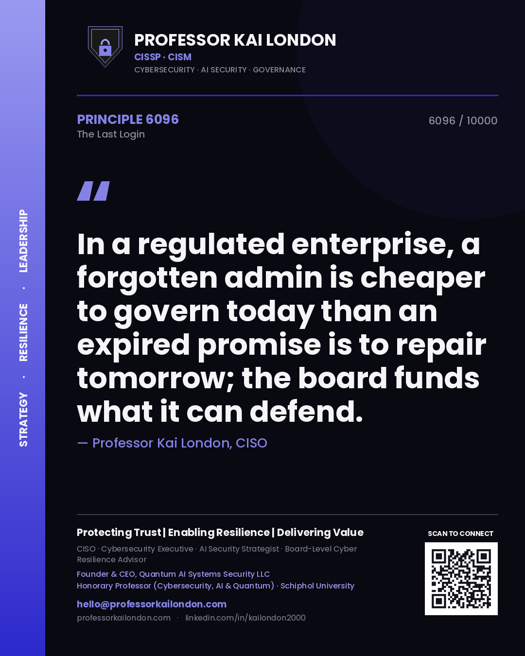 Professor Kai London principle 6096: In a regulated enterprise, a forgotten admin is cheaper to govern today than an expired promise is to repair tomorrow; the board funds what it can defend.