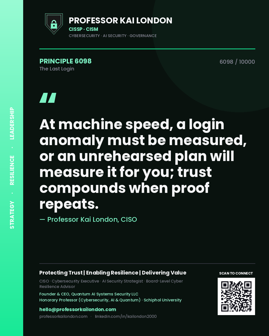 Professor Kai London principle 6098: At machine speed, a login anomaly must be measured, or an unrehearsed plan will measure it for you; trust compounds when proof repeats.