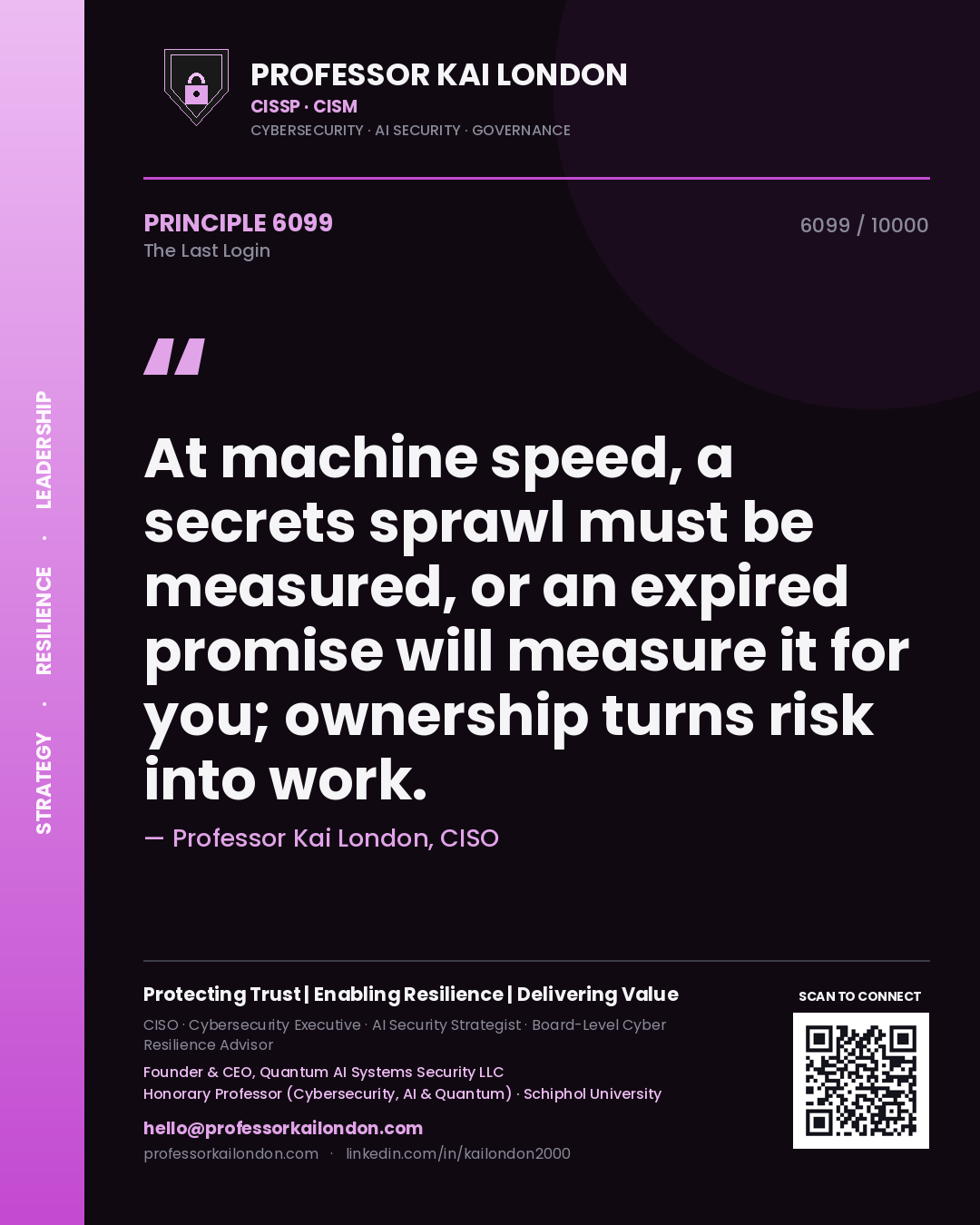 Quote card by Professor Kai London reading 'At machine speed, a secrets sprawl must be measured, or an expired promise will measure it for you; ownership turns risk into work.'. From the book The Last Login.