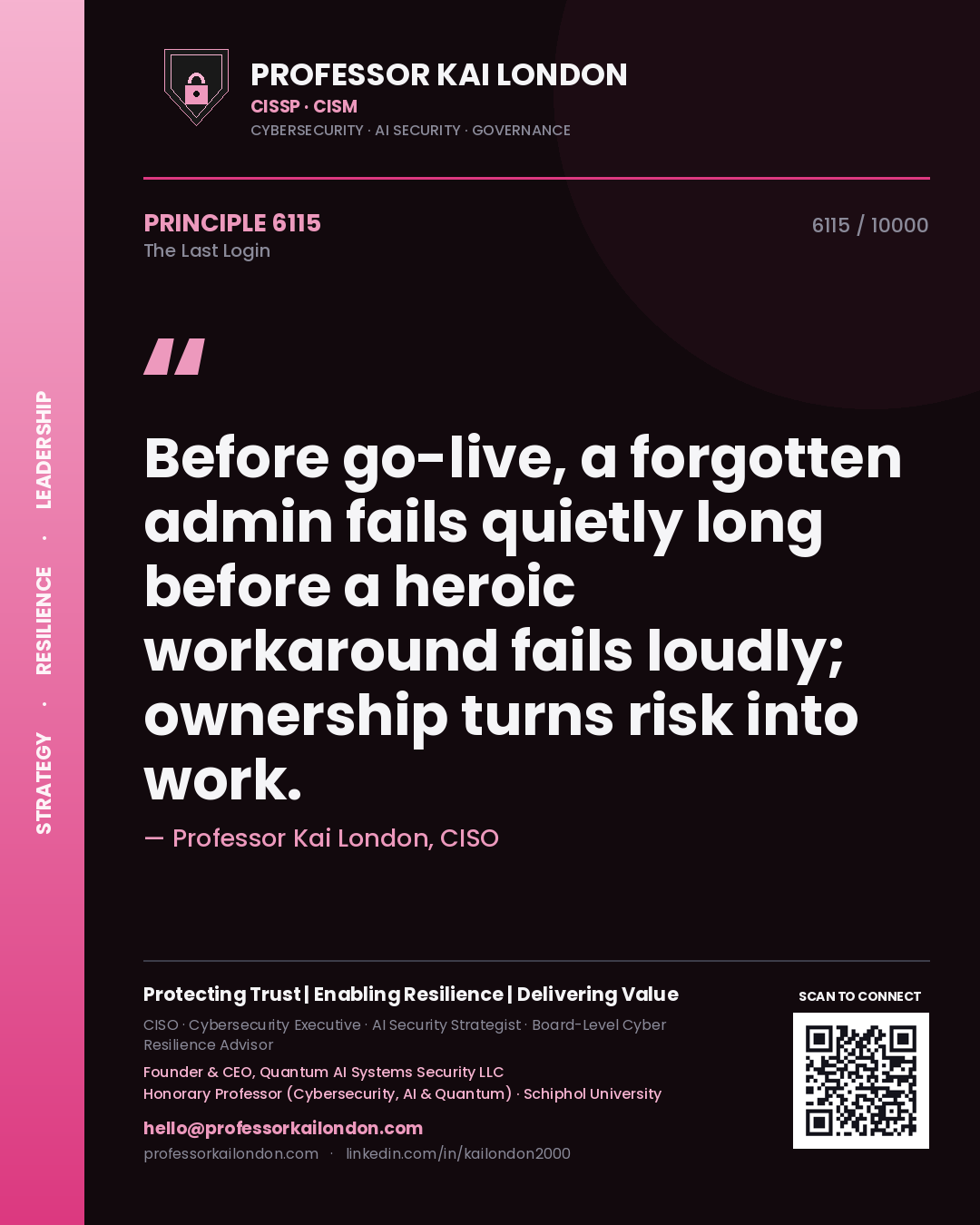 Quote card by Professor Kai London reading 'Before go-live, a forgotten admin fails quietly long before a heroic workaround fails loudly; ownership turns risk into work.'. From the book The Last Login.