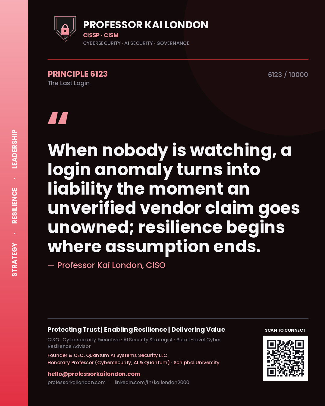 Professor Kai London principle 6123: When nobody is watching, a login anomaly turns into liability the moment an unverified vendor claim goes unowned; resilience begins where assumption ends.