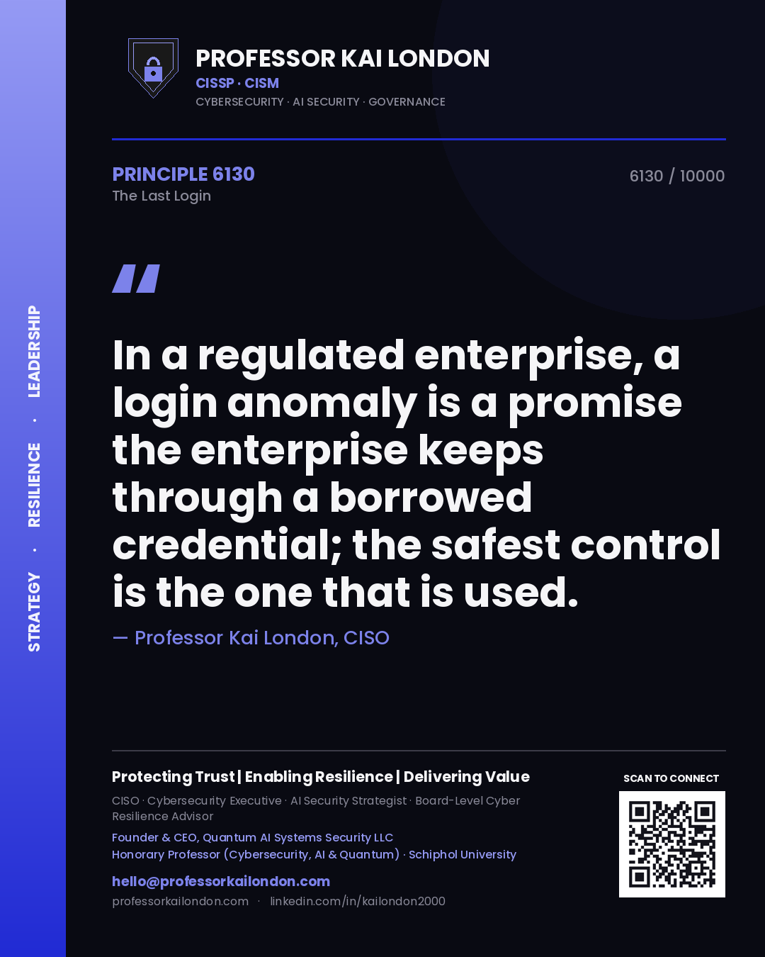 Quote card by Professor Kai London reading 'In a regulated enterprise, a login anomaly is a promise the enterprise keeps through a borrowed credential; the safest control is the one that is used.'. From the book The Last Login.