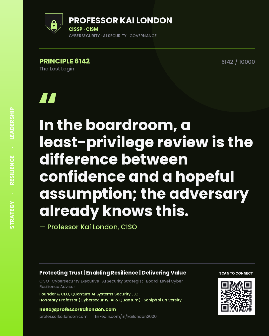 Professor Kai London principle 6142: In the boardroom, a least-privilege review is the difference between confidence and a hopeful assumption; the adversary already knows this.