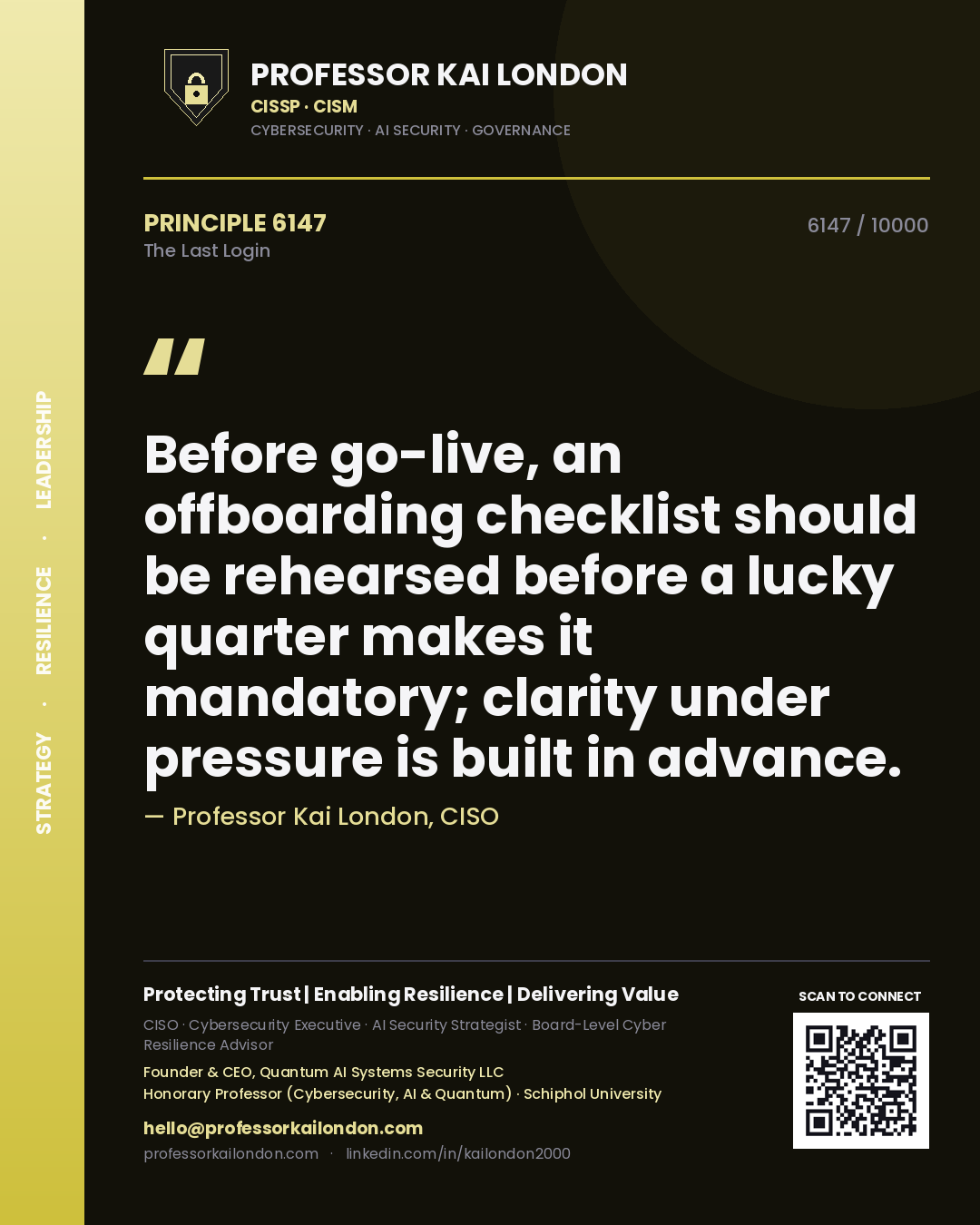 Professor Kai London principle 6147: Before go-live, an offboarding checklist should be rehearsed before a lucky quarter makes it mandatory; clarity under pressure is built in advance.